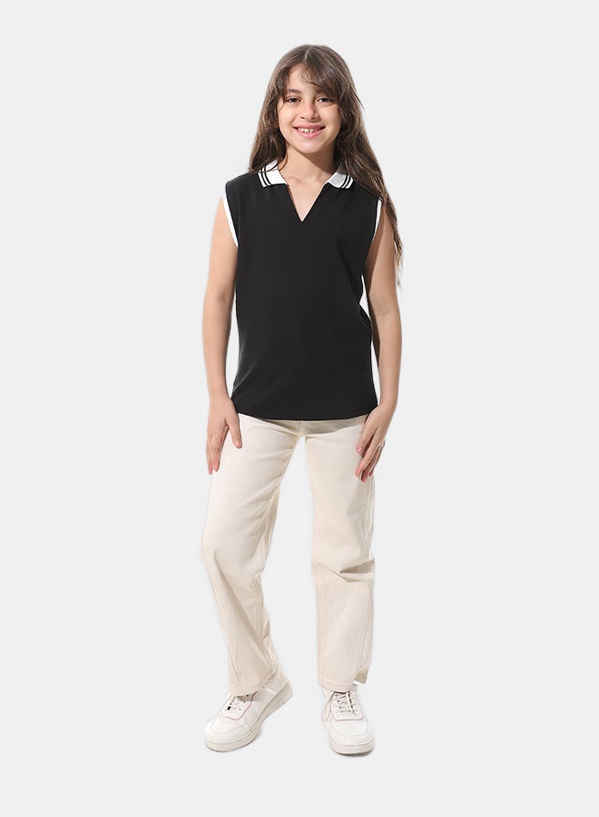 Andora Cut Sleeves with Turned Down Collar Polo Shirt_Black - Image 5