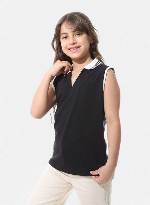 Cut Sleeves with Turned Down Collar Polo Shirt_Black