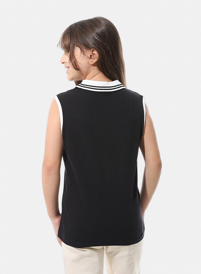 Andora Cut Sleeves with Turned Down Collar Polo Shirt_Black - Image 4
