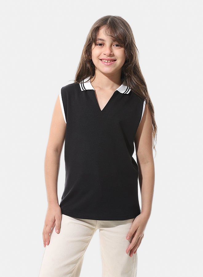 Andora Cut Sleeves with Turned Down Collar Polo Shirt_Black - Image 2