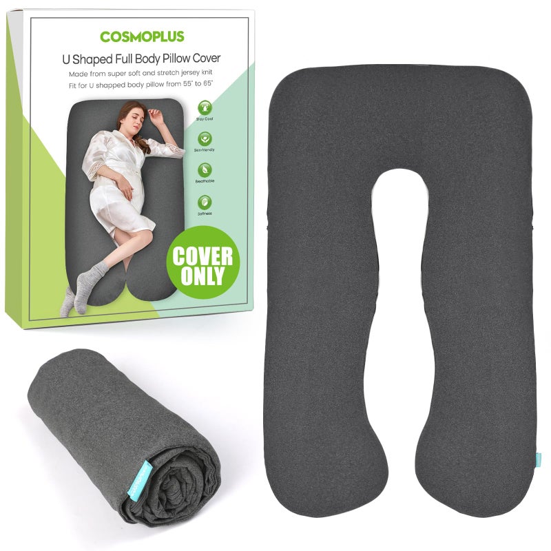 COSMOPLUS     U Shaped Full Body Pillow Case  for MaternityStretchy Cool Breathable Jersey Fabric Provides Sleep and Pregnancy SupportHeather Grey