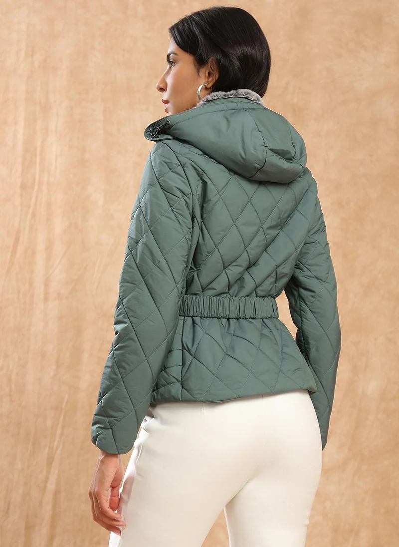 globus Globus Women Green Mock Neck Front Zip Belted Winter Wear Insulator Puffer Jacket With Detachable Soft Functional Hood