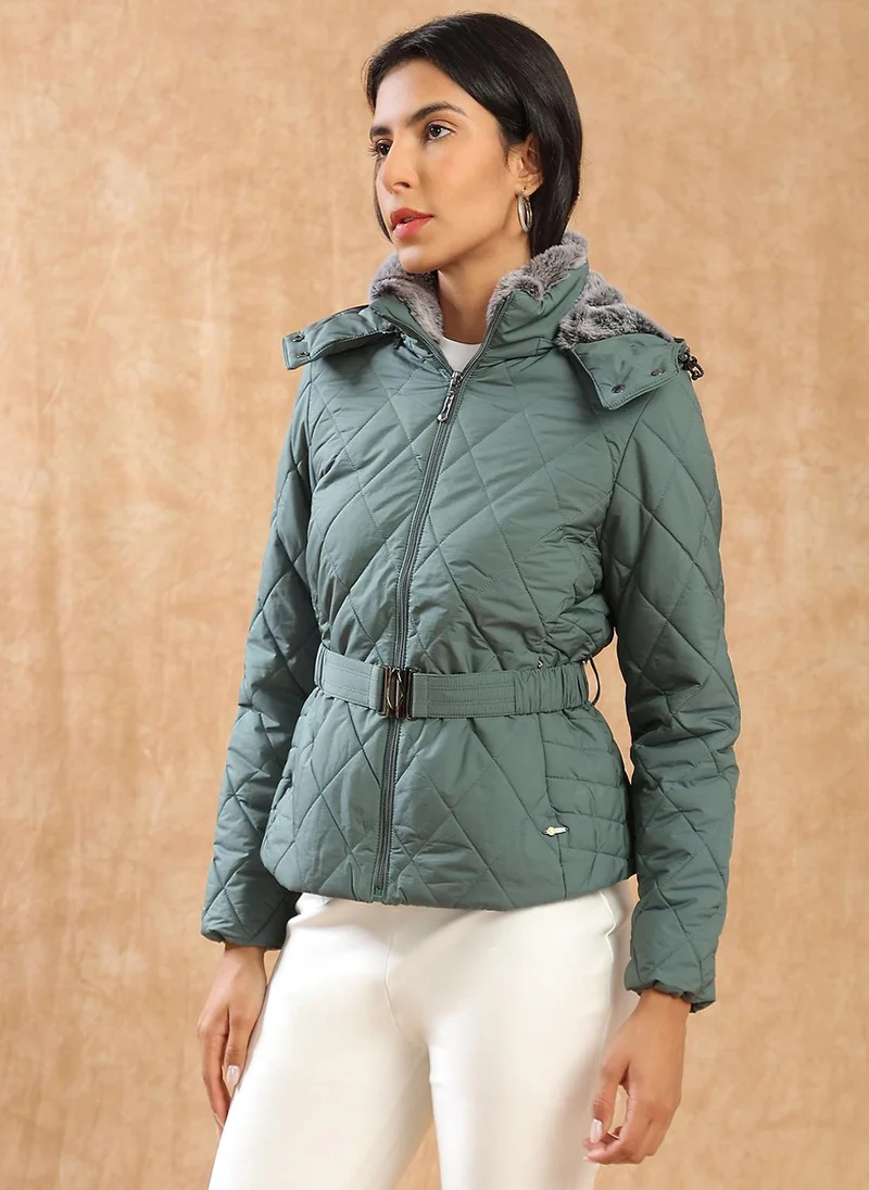 globus Globus Women Green Mock Neck Front Zip Belted Winter Wear Insulator Puffer Jacket With Detachable Soft Functional Hood