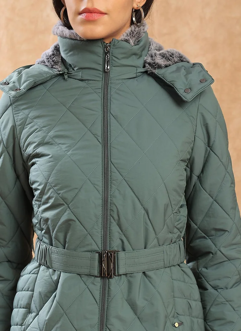 globus Globus Women Green Mock Neck Front Zip Belted Winter Wear Insulator Puffer Jacket With Detachable Soft Functional Hood