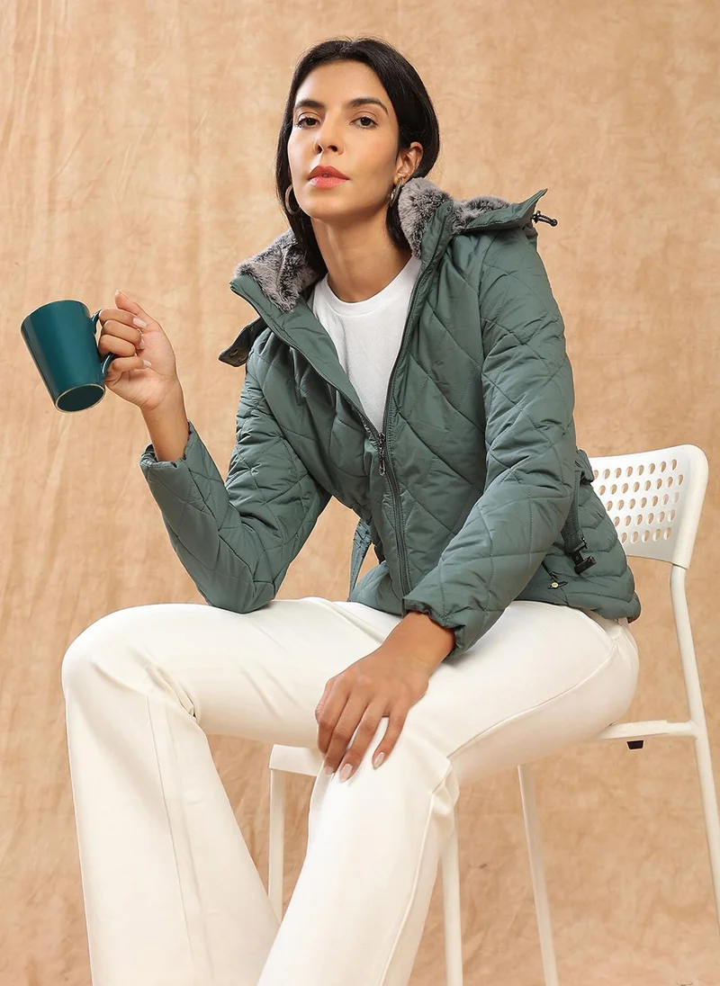 globus Globus Women Green Mock Neck Front Zip Belted Winter Wear Insulator Puffer Jacket With Detachable Soft Functional Hood