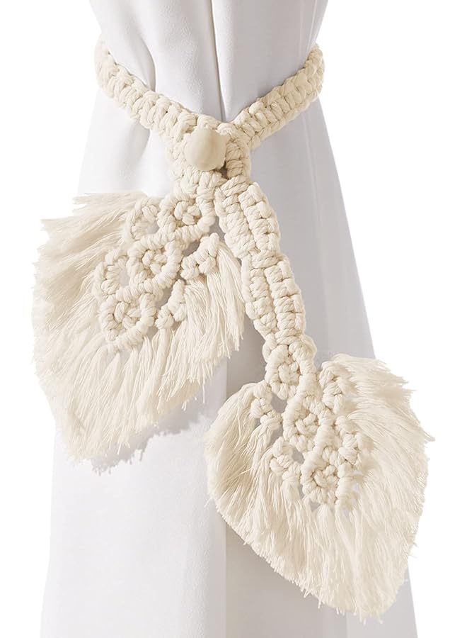 The Bros Boho Curtain Tiebacks,Hand Knitting Cotton Curtain Holdbacks with Adjustable Natural Wooden Bead,Double Leaves Farmhouse Theme Curtain Tie Backs, for Indoor Outdoor Drapes Decorative  - Image 1