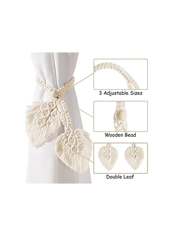 The Bros Boho Curtain Tiebacks,Hand Knitting Cotton Curtain Holdbacks with Adjustable Natural Wooden Bead,Double Leaves Farmhouse Theme Curtain Tie Backs, for Indoor Outdoor Drapes Decorative  - Image 3