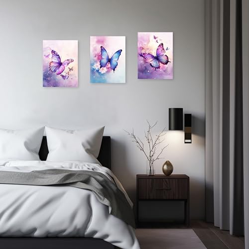 ARTZGX 3 Piece Purple Butterfly Canvas Wall Art Butterfly Pictures Wall Decor Watercolor Painting for Girls Room Decor Frame(Pink 12x16inchx3P (30x40cmx3P)) - Image 3