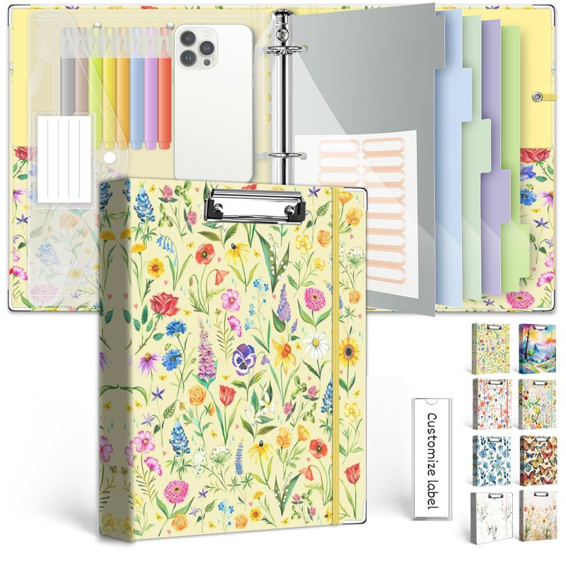 KLLVE 3 Ring Binder 1 Inch, Three Ring Binders Organizer with Clipboard, 5-Tabs Pockets Dividers, Plastic Folder, 18 Divider Stikers, KLLVE Cute Binder with Pen Loop (Garden Party, Letter Size) - Image 1