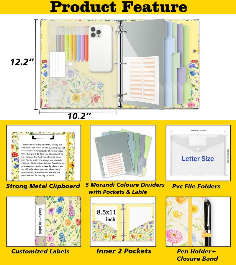 KLLVE 3 Ring Binder 1 Inch, Three Ring Binders Organizer with Clipboard, 5-Tabs Pockets Dividers, Plastic Folder, 18 Divider Stikers, KLLVE Cute Binder with Pen Loop (Garden Party, Letter Size) - Image 2