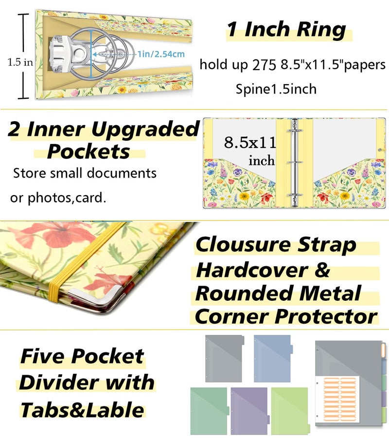 KLLVE 3 Ring Binder 1 Inch, Three Ring Binders Organizer with Clipboard, 5-Tabs Pockets Dividers, Plastic Folder, 18 Divider Stikers, KLLVE Cute Binder with Pen Loop (Garden Party, Letter Size) - Image 4