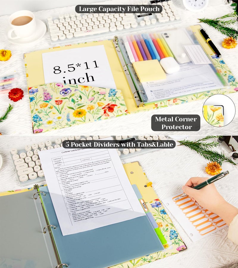 KLLVE 3 Ring Binder 1 Inch, Three Ring Binders Organizer with Clipboard, 5-Tabs Pockets Dividers, Plastic Folder, 18 Divider Stikers, KLLVE Cute Binder with Pen Loop (Garden Party, Letter Size) - Image 3
