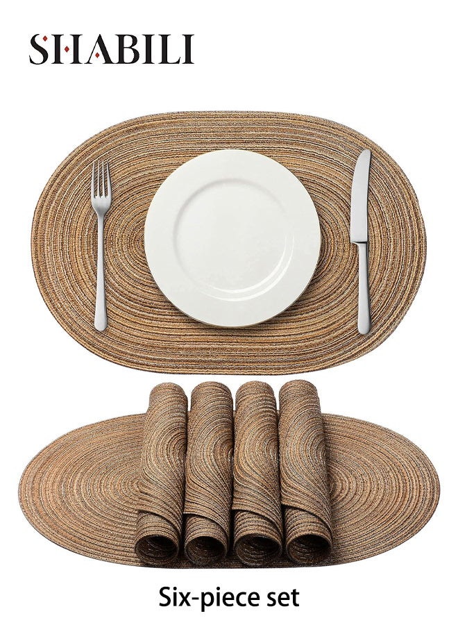 SHABILI 6PCS Placemat PVC Table Mats Coasters Set, Heat-Resistant Soft Flexible Oval Weave Protects Dining Table Kitchen from Burns and Spills, Party Decoration for Home Wedding, Minimalist Brown Style Easy Storage - Image 1