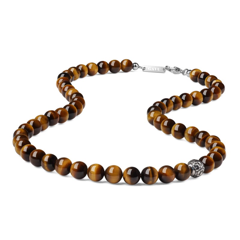 GAVU Stylish Crystal Beaded Necklace for Men, Tigers Eye Necklace with 8mm Beads 26" - Image 1