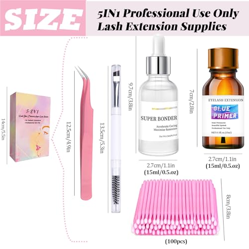 QUKLOGEN Super Lash Bonder Lash Glue Primer for Eyelash Extensions Kit Instant Cure Adhesive Companion 5 IN 1 Professional Use Only Lash Extension Supplies with Brush Tweezers Applicator - Image 2