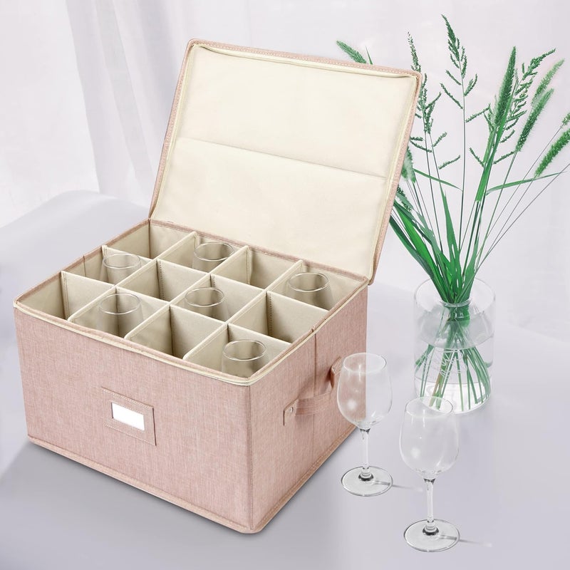 popoly Wine Glass Storage Box, Stemware Storage Containers Cases with Dividers, Stackable Moving Supplies for 12 Wine Glasses, Drinkware, Glassware or Crystal (Beige) - Image 2