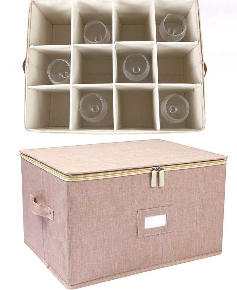 popoly Wine Glass Storage Box, Stemware Storage Containers Cases with Dividers, Stackable Moving Supplies for 12 Wine Glasses, Drinkware, Glassware or Crystal (Beige) - Image 5