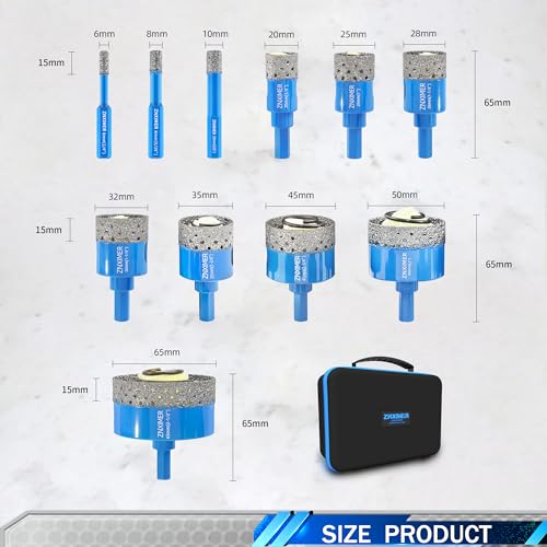 ZNXIMER Diamond Core Drill Bits Set ZNXIMER Porcelain Tile Hole Saw Kit for Ceramic Granite Marble and More Drilling 11pcs Diamond Hole Saw Kit 68102025283235455065MM - Image 3