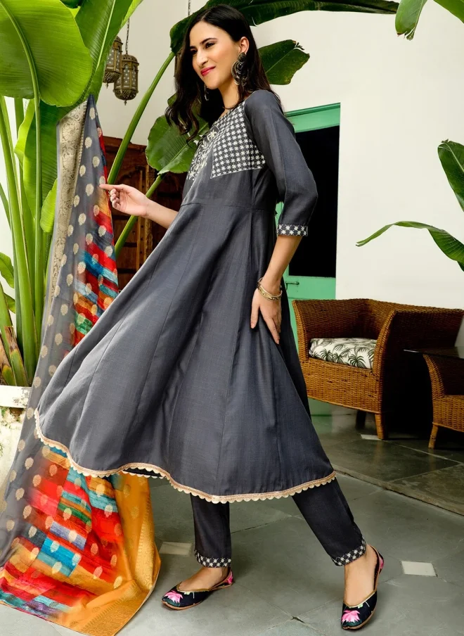 AKS  Grey Anarkali Kurta Set With Dupatta For Women for Women | Best Price UAE