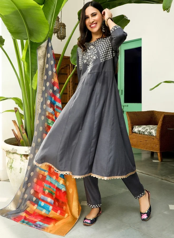 AKS  Grey Anarkali Kurta Set With Dupatta For Women for Women | Best Price UAE