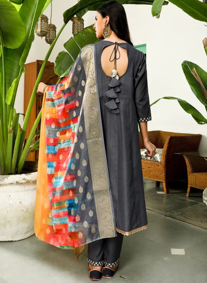 AKS  Grey Anarkali Kurta Set With Dupatta For Women for Women | Best Price UAE
