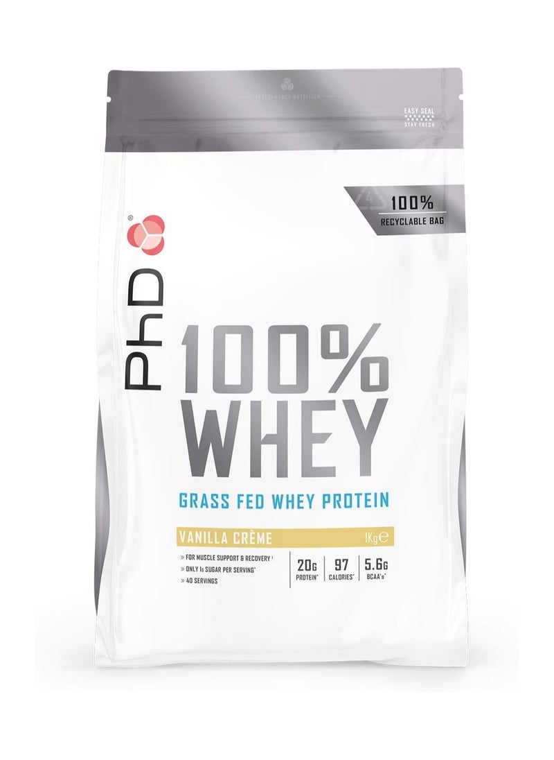 PhD 100% مصل اللبن، لدعم كتلة العضلات، نكهة كريم الفانيليا، 1 كجم مع 1.6 جرام دهون و1.4 جرام سكر، 20 جرام بروتين، 101 سعر حراري، 40 حصة  - Image 1