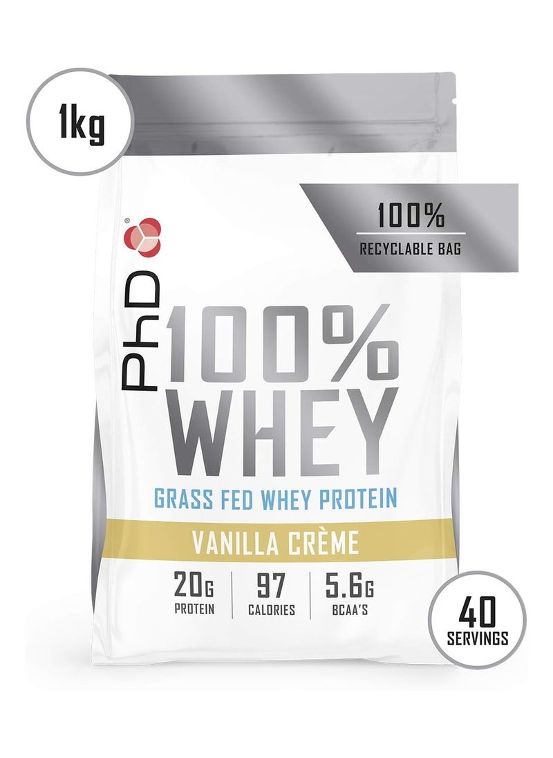 PhD 100% مصل اللبن، لدعم كتلة العضلات، نكهة كريم الفانيليا، 1 كجم مع 1.6 جرام دهون و1.4 جرام سكر، 20 جرام بروتين، 101 سعر حراري، 40 حصة  - Image 2