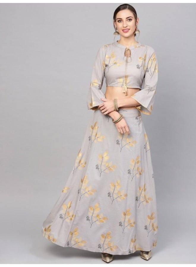 AKS Grey Gold Printed Lehenga With Blouse - Image 1