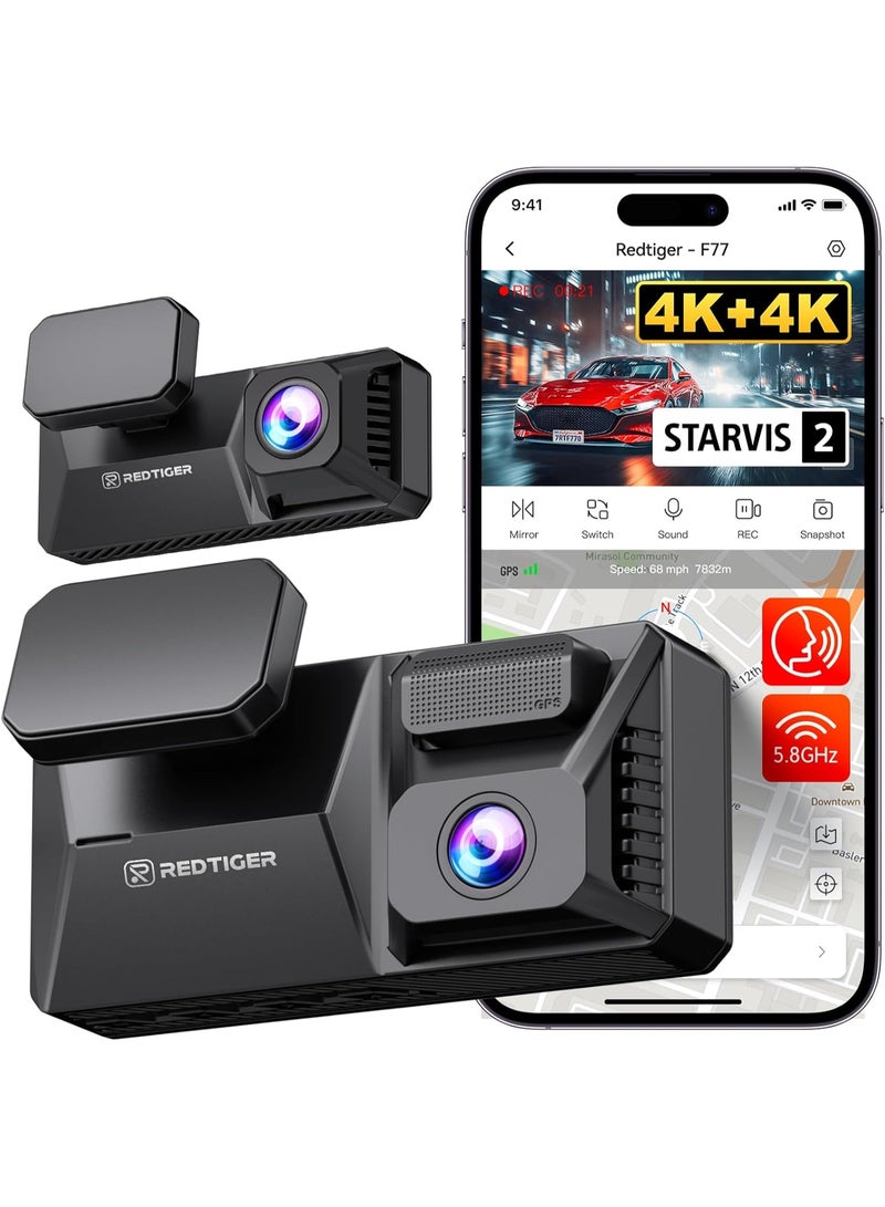REDTIGER 4K+4K Dash Cam Front and Rear, Dual STARVIS 2 IMX678 Sensor, 5.8GHz WiFi APP Control Car Camera with Built-in 128GB, Voice Control, 4'' Touch Screen, HDR Night View, 24/7 Parking Mode(F77) - Image 1