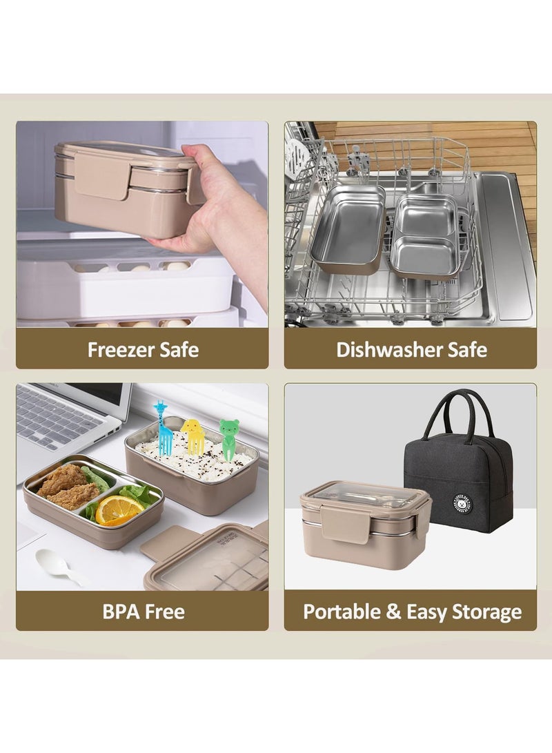 YQbest 2- Layer Lunch Box Adults, Insulated Bento Lunch Box with Tableware & Bag Lunch Box, Cutlery for Kids, Microwave Food Safe Bento Boxes, Leakproof | Allow Dishwasher (Khaki) - Image 3