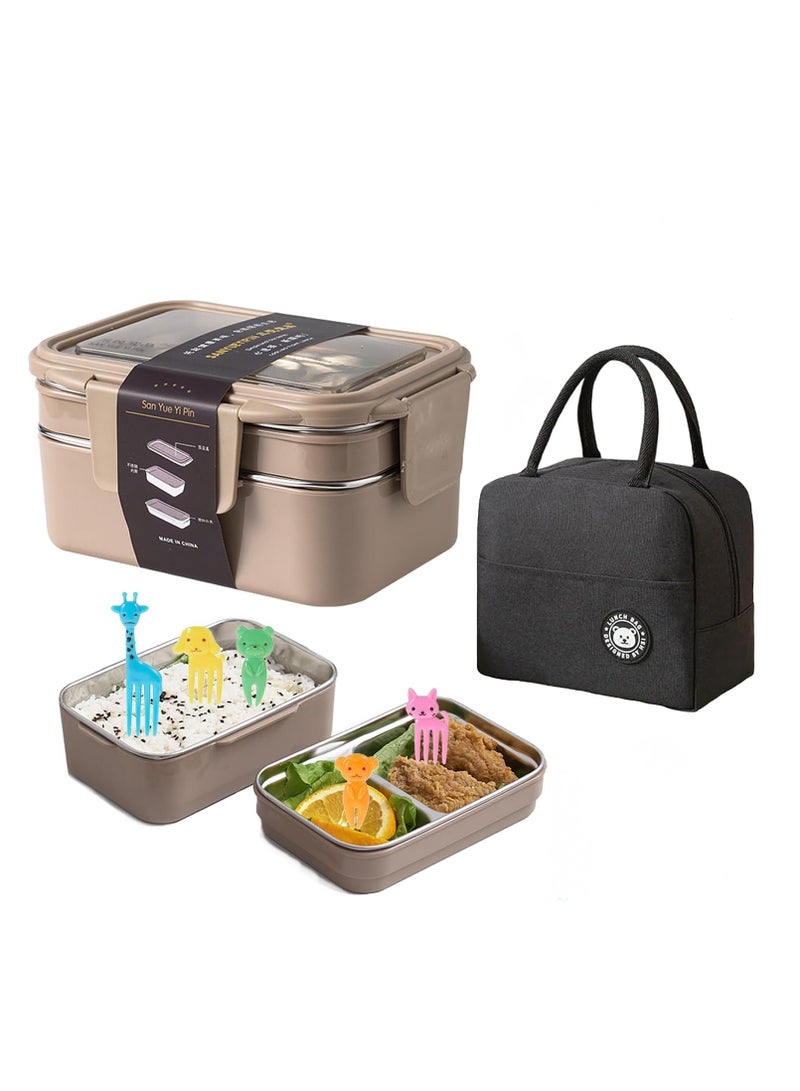 YQbest 2- Layer Lunch Box Adults, Insulated Bento Lunch Box with Tableware & Bag Lunch Box, Cutlery for Kids, Microwave Food Safe Bento Boxes, Leakproof | Allow Dishwasher (Khaki) - Image 1