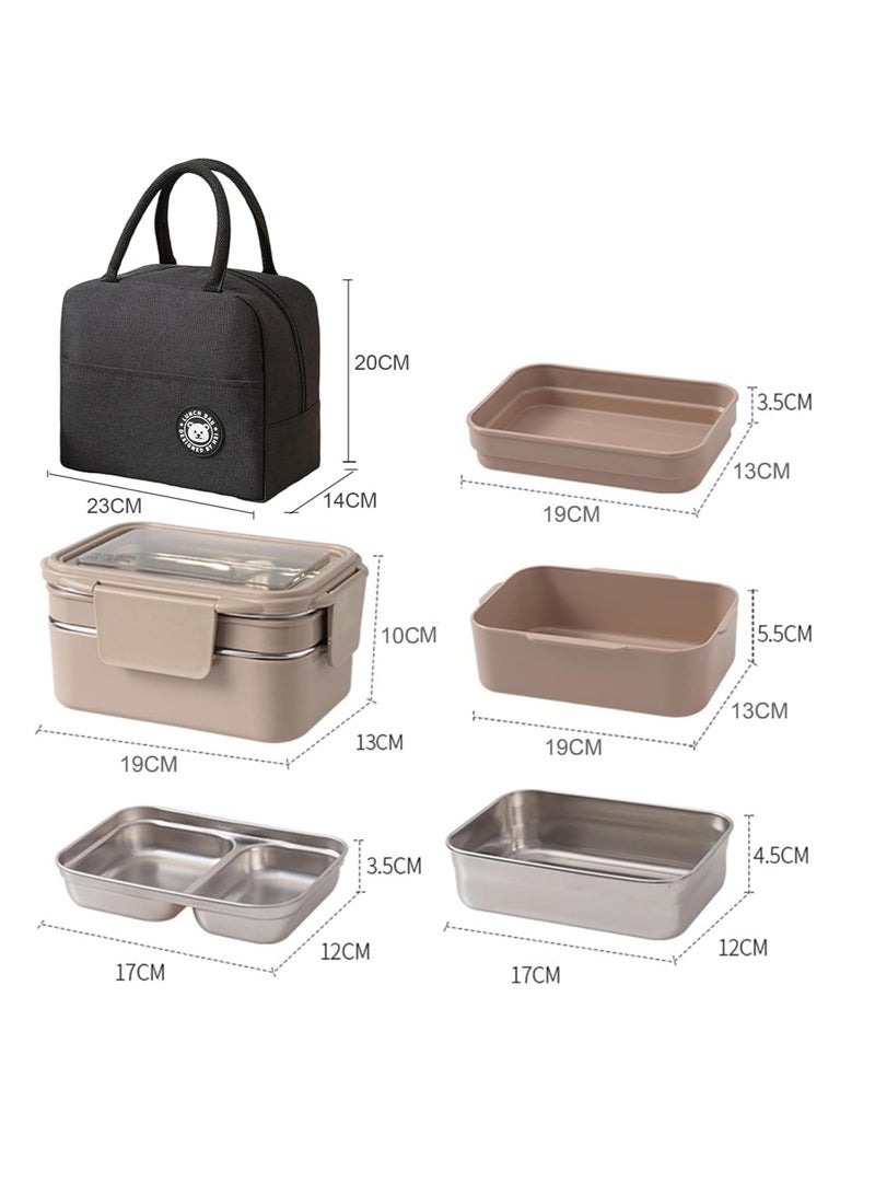 YQbest 2- Layer Lunch Box Adults, Insulated Bento Lunch Box with Tableware & Bag Lunch Box, Cutlery for Kids, Microwave Food Safe Bento Boxes, Leakproof | Allow Dishwasher (Khaki) - Image 2