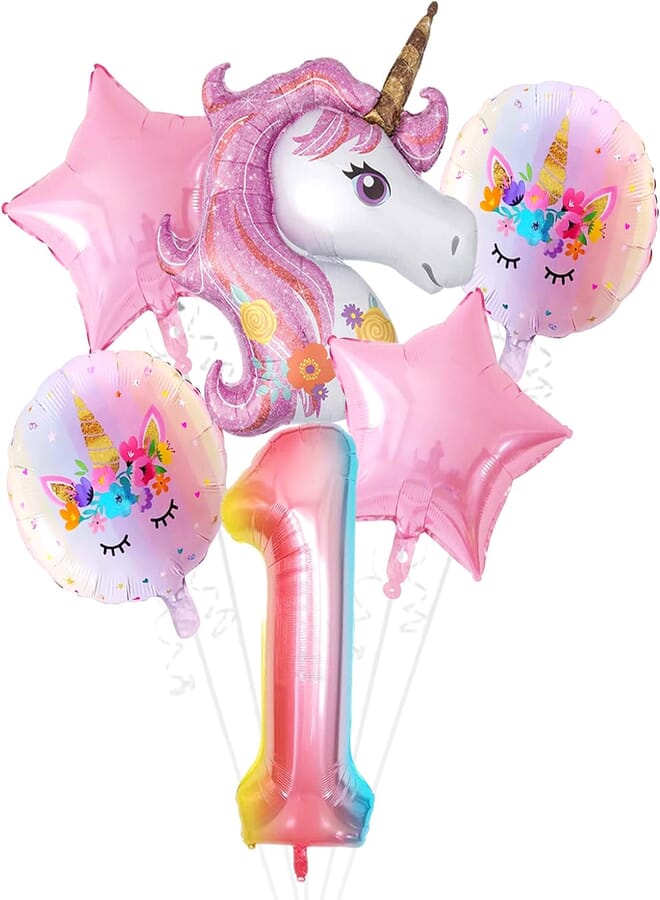 KATCHON Big 43 Inch Unicorn Birthday Decorations for Girls - 40 Inch Number 1 Balloon | Giant Unicorn Balloon | Star and Round Mylar Balloons | 1st Birthday Balloon, Unicorn 1st Birthday Girl Decorations