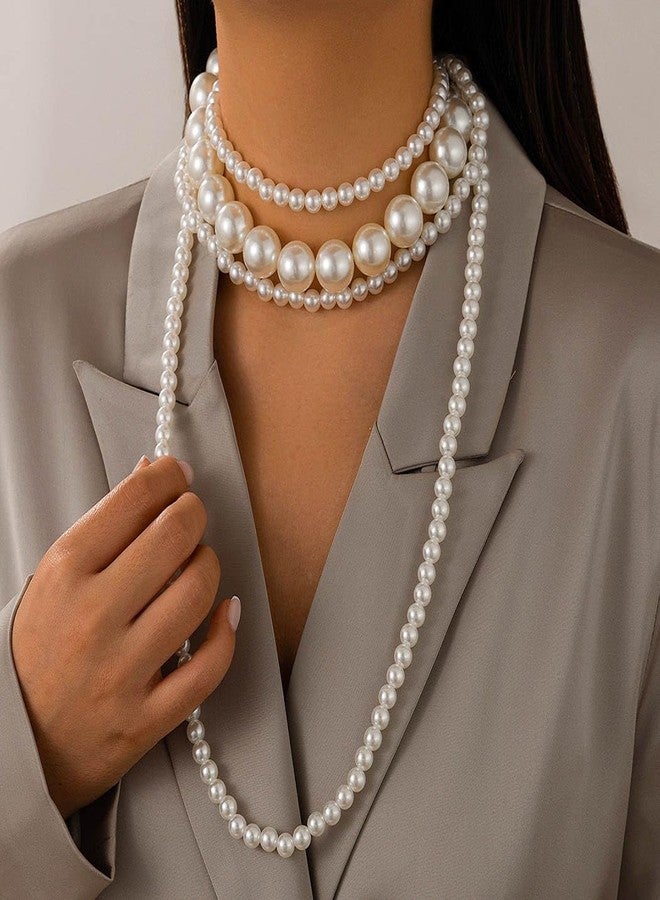 Gangel Layered Pearl Necklace Faux Big Pearl Choker Vintage Necklaces Choker Prom Wedding Pearl Strand Necklace for Women - Image 4