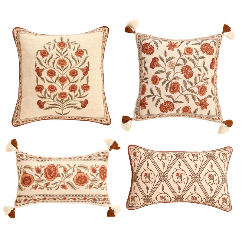 ISAENNE Design Linen Square Rectangle Vintage Throw Pillow Covers Set of 4, Red Euro Cushion Covers with Orange Floral Green Leaves Pattern Decor Pillowcases for Bed,Living Room,Outdoor,Car - Image 1