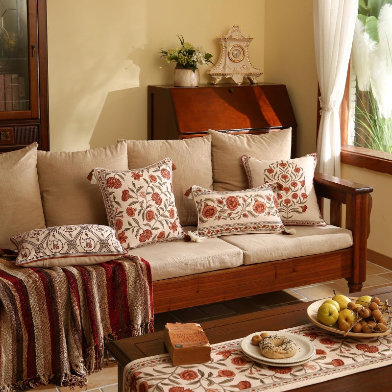 ISAENNE Design Linen Square Rectangle Vintage Throw Pillow Covers Set of 4, Red Euro Cushion Covers with Orange Floral Green Leaves Pattern Decor Pillowcases for Bed,Living Room,Outdoor,Car - Image 3