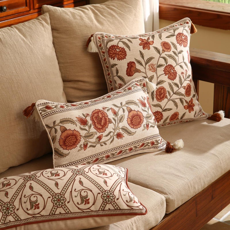 ISAENNE Design Linen Square Rectangle Vintage Throw Pillow Covers Set of 4, Red Euro Cushion Covers with Orange Floral Green Leaves Pattern Decor Pillowcases for Bed,Living Room,Outdoor,Car - Image 2
