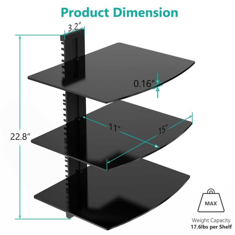 WALI Floating Entertainment Center Shelves, Holds Up to 17.6lbs, TV Shelf with Strengthened Tempered Glasses for DVD Players, Cable Boxes, Games Consoles, TV Accessories (CS303B), 3 Shelf, Black - Image 3