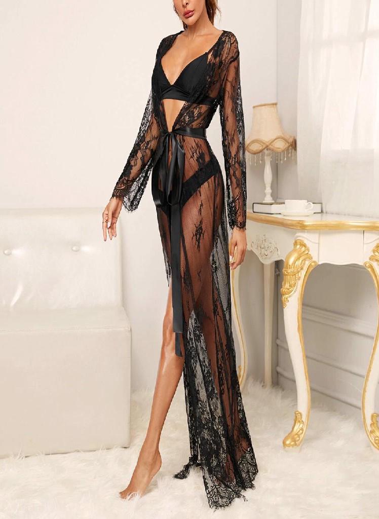 Women Lace Lingerie Mesh Belt Long Robe Long Sleeve Bikini Blouse Beach Gown  - Image 1