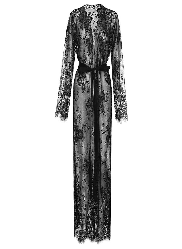 Women Lace Lingerie Mesh Belt Long Robe Long Sleeve Bikini Blouse Beach Gown  - Image 5