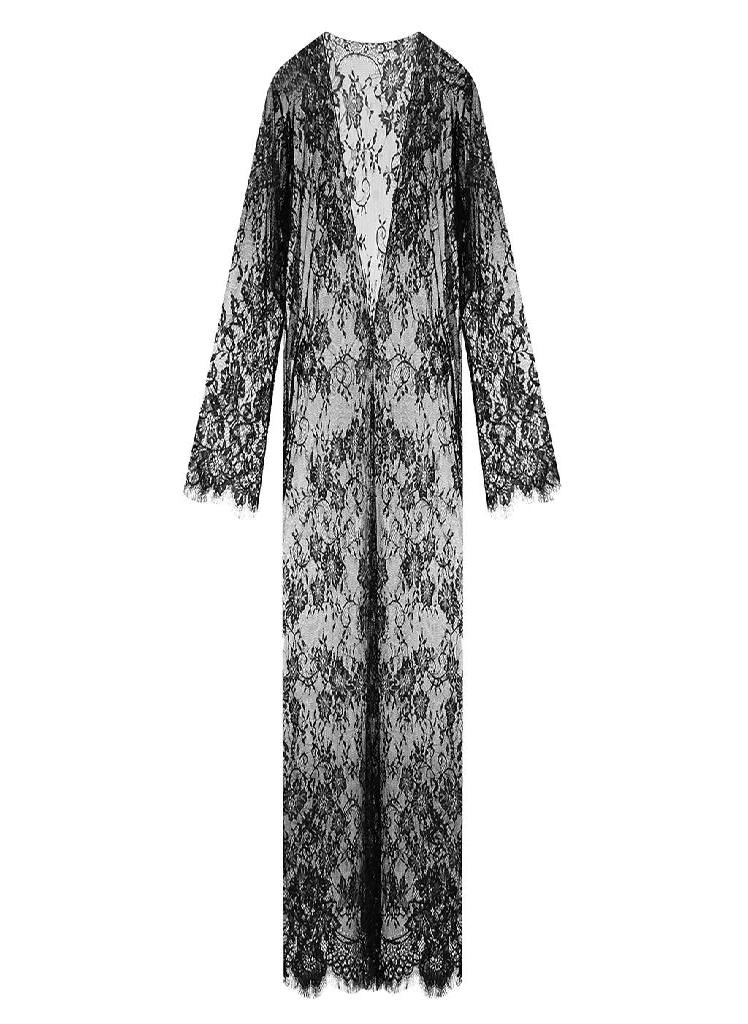 Women Lace Lingerie Mesh Belt Long Robe Long Sleeve Bikini Blouse Beach Gown  - Image 4