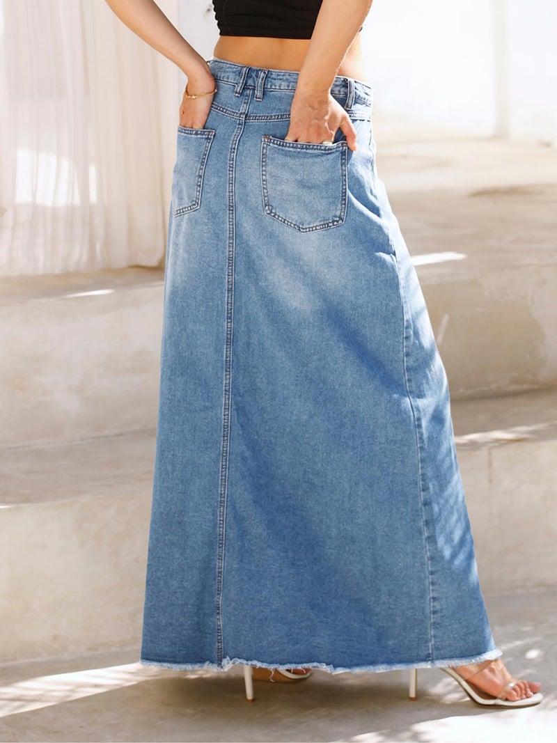 Fisoew Women's Vintage Denim Maxi Skirt Casual High Waist A-Line Frayed Hem Long Jean Skirt with Pockets - Image 4