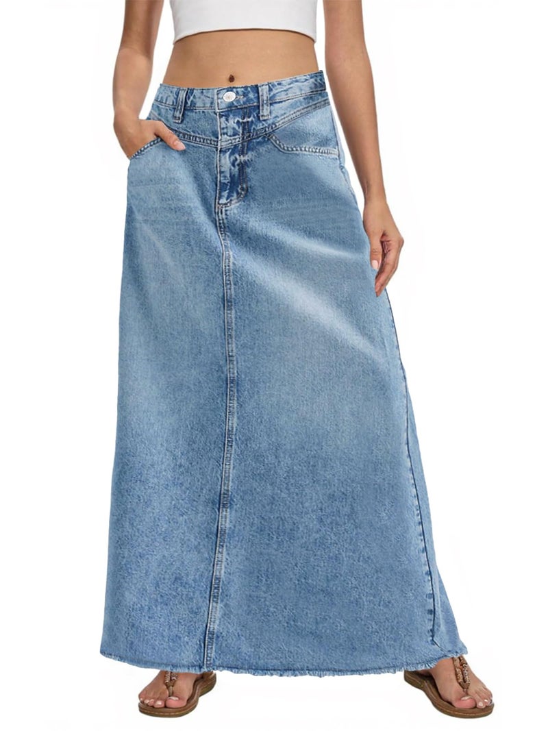 Fisoew Women's Vintage Denim Maxi Skirt Casual High Waist A-Line Frayed Hem Long Jean Skirt with Pockets - Image 5
