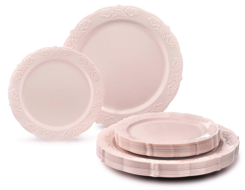 OCCASIONS  50 Plates Pack 25 Guests Vintage Wedding Party Disposable Plastic Plate Set 25x1025 Dinner 25x75 SaladDessert plates Portofino in Light Pink