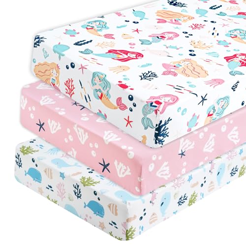 PHF 3 Pack Soft Mermaid Crib Sheets Fitted, Silky Comfy Breathable Baby Sheets for Boys Girls Neutral, 28x52 Inches Fits Standard Crib and Toddler Mattresses, Mermaid - Image 1