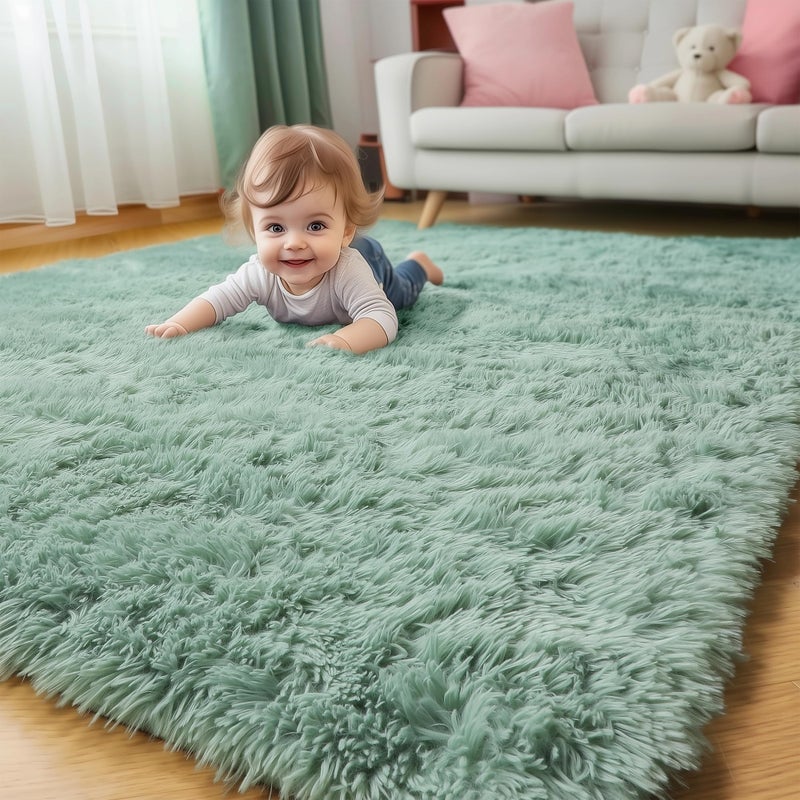 Sage Green Rugs for Bedroom Living Room Aesthetic Fluffy Furry Area Rug 5x8 for Nursery Classroom Teen Boys Baby Kids Room Decor Cute Shaggy Carpet for Playroom Dorm Fuzzy Plush Light Mint Rug