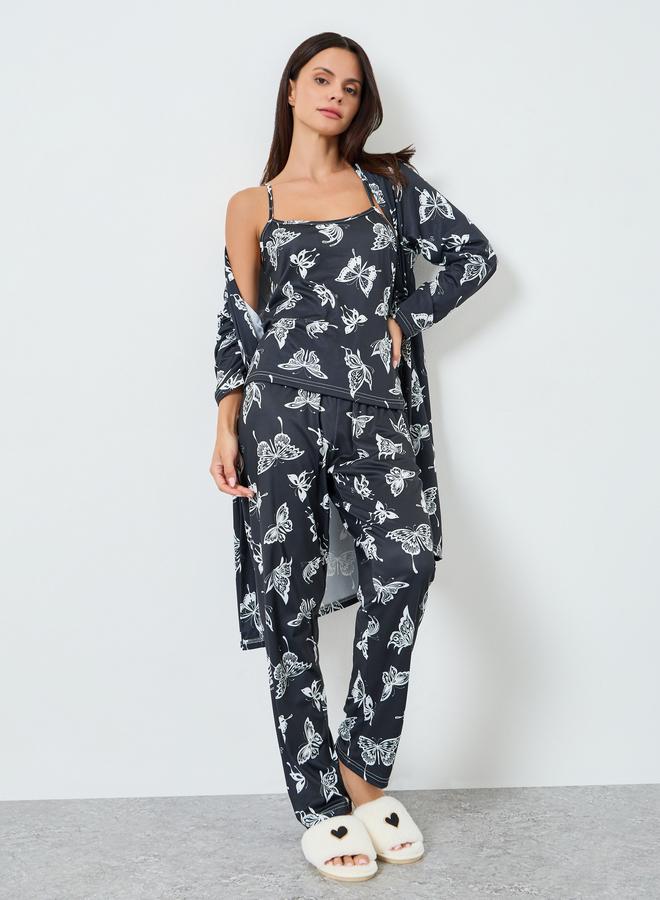 ستايلي طقم بيجامة طويل و روب فراشة بثلاث قطع - Image 2