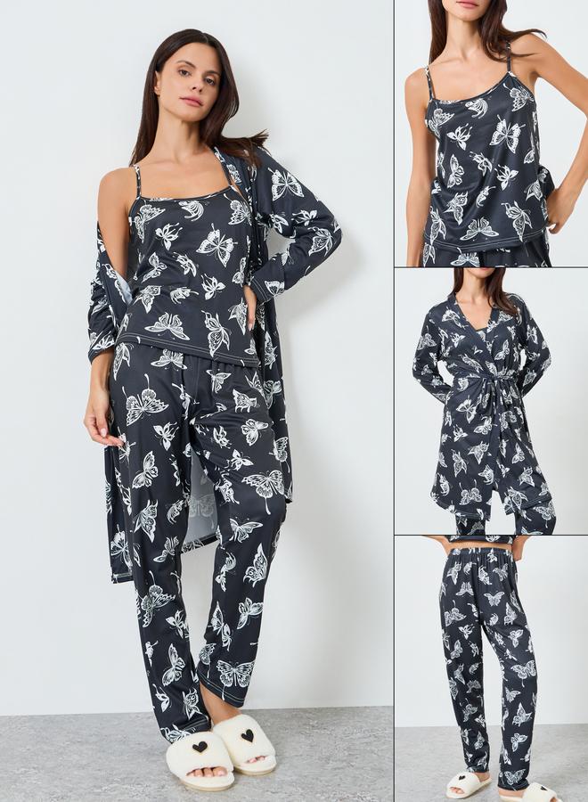 ستايلي طقم بيجامة طويل و روب فراشة بثلاث قطع - Image 1