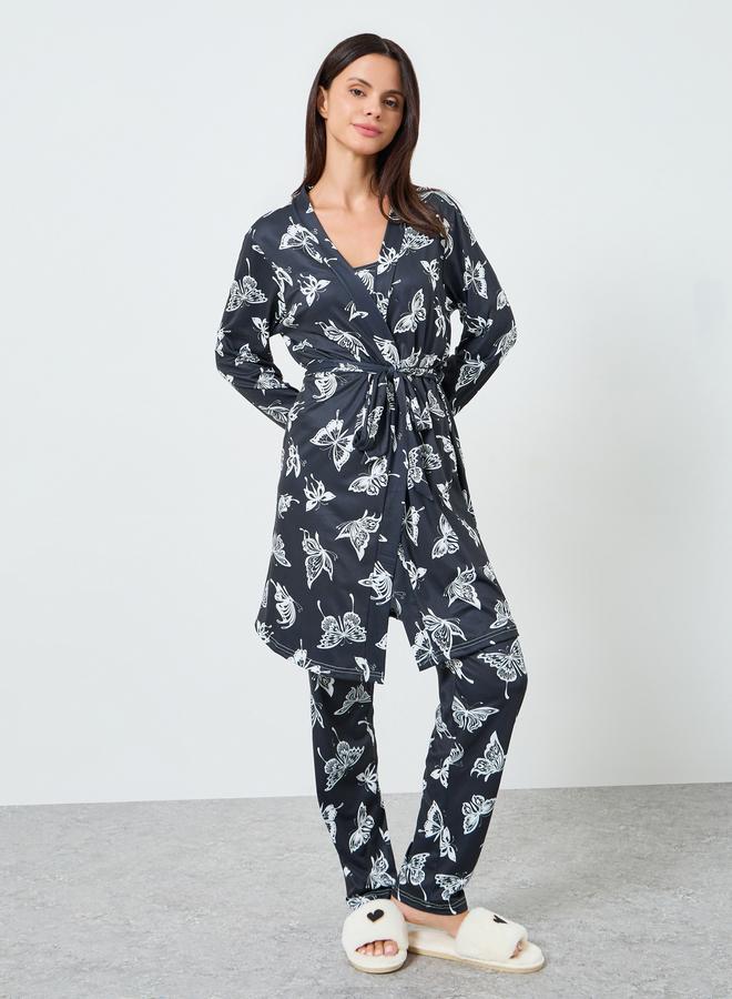 ستايلي طقم بيجامة طويل و روب فراشة بثلاث قطع - Image 3