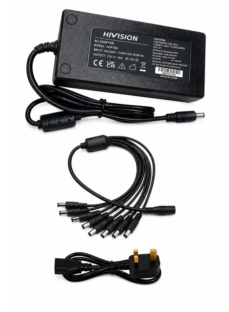 Hivision 12V 10A Power Supply Adapter with 8-Way DC Splitter Cable – AC 100-240V Input – UK Plug – for CCTV Security Cameras & DVRs - Image 1